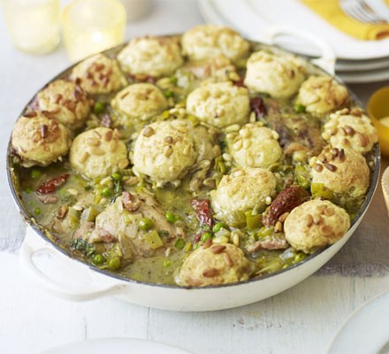 Pesto chicken stew with cheesy dumplings recipe 