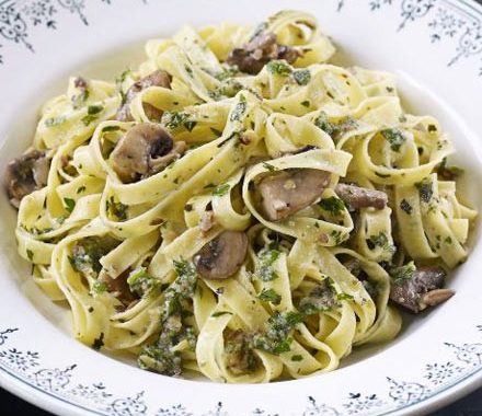 Roasted chestnut & herb pesto pasta with mushrooms recipe