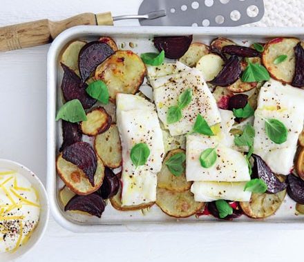Pollock, beetroot & potato traybake with lemony crème fraîche recipe
