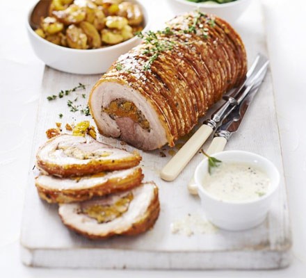Rolled pork belly with herby apricot & honey stuffing recipe 
