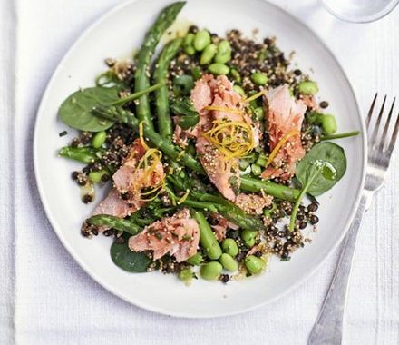 Toasted quinoa, lentil & poached salmon salad recipe