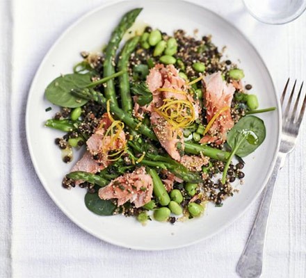 Toasted quinoa, lentil & poached salmon salad recipe 