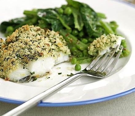 Cod with lemon & parsley crust & summer greens recipe
