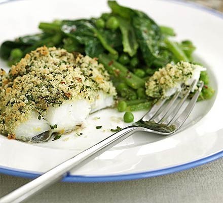 Cod with lemon & parsley crust & summer greens recipe 