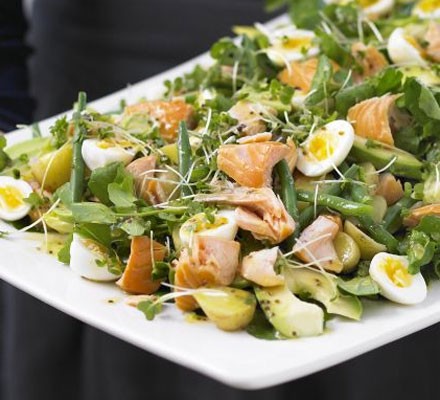 Hot-smoked salmon, double cress & potato salad platter recipe 