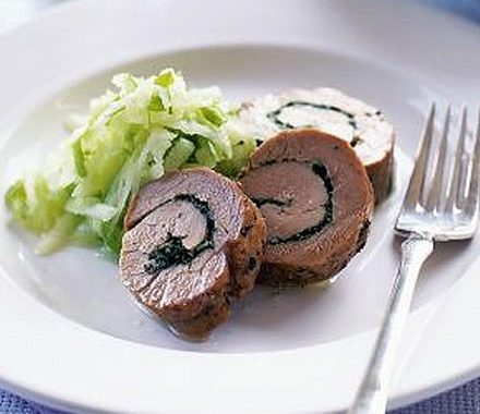 Herby garlic rolled pork with apple salad  recipe