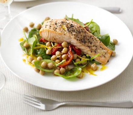 Salmon with warm chickpea, pepper & spinach salad recipe