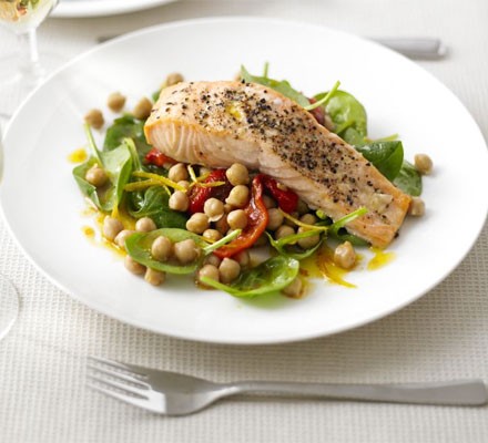 Salmon with warm chickpea, pepper & spinach salad recipe 