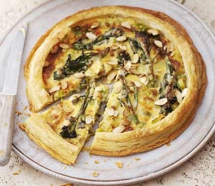 Purple sprouting broccoli, leek & almond tart recipe