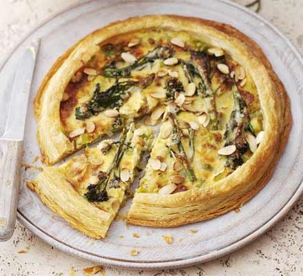 Purple sprouting broccoli, leek & almond tart recipe 