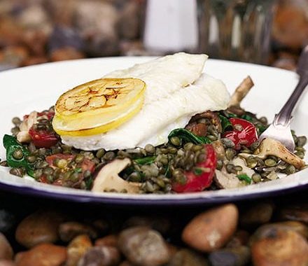 Roast brill with puy lentils & shiitake mushrooms recipe