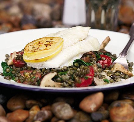 Roast brill with puy lentils & shiitake mushrooms recipe 