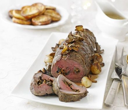 Roast fillet of beef with mushroom stuffing recipe