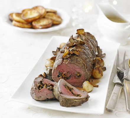 Roast fillet of beef with mushroom stuffing recipe 