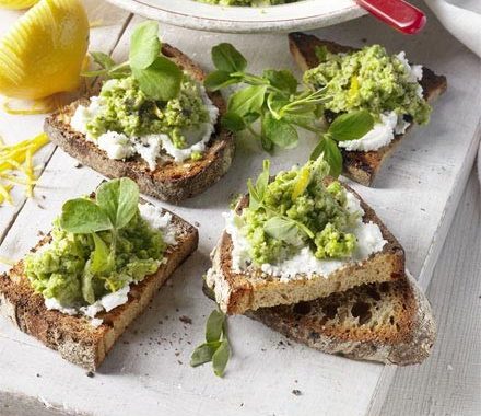 Pea & broad bean hummus with goat’s cheese & sourdough recipe