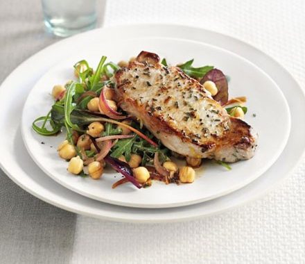 Lemon & rosemary pork with chickpea salad recipe