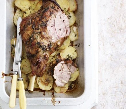 Lamb with thyme-roasted potatoes recipe