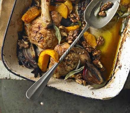 One-pan baked chicken with squash, sage & walnuts recipe