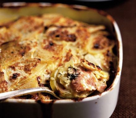 Smoked salmon & celeriac dauphinoise recipe