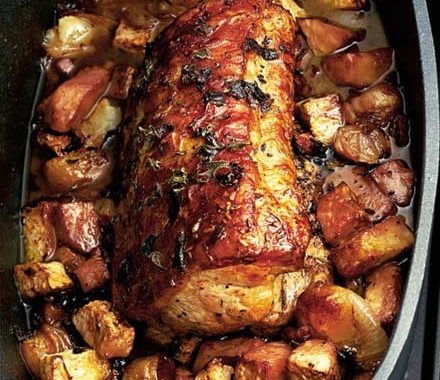 Pot-roast loin of pork with celeriac, shallots & pancetta recipe