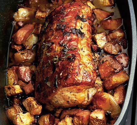 Pot-roast loin of pork with celeriac, shallots & pancetta recipe 
