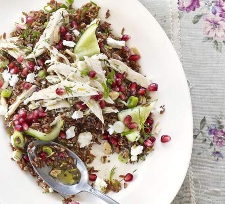 Red rice & chicken salad with pomegranate & feta recipe 