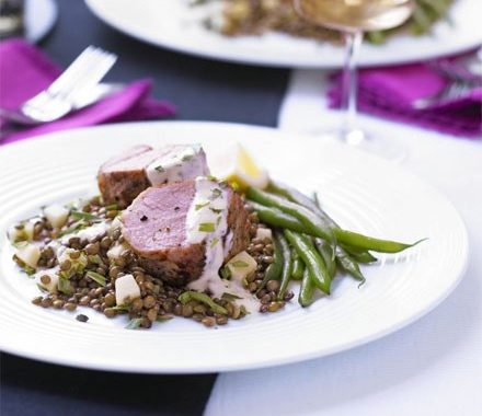 Mustard pork fillet with apple lentils & herb aioli recipe