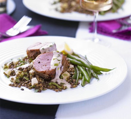 Mustard pork fillet with apple lentils & herb aioli recipe 