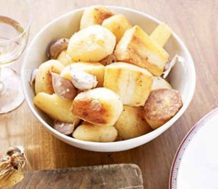 Golden roasted potatoes, parsnips & garlic recipe