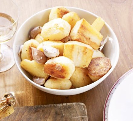 Golden roasted potatoes, parsnips & garlic recipe 