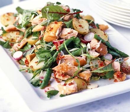 Hot-smoked salmon salad with a chilli lemon dressing recipe
