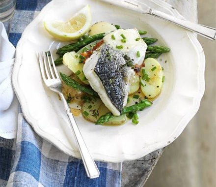 Sea bass with asparagus & Jersey Royals recipe