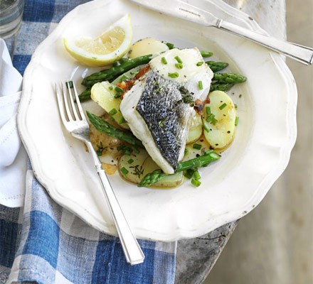Sea bass with asparagus & Jersey Royals recipe 