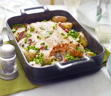 Roast salmon with peas, potatoes & bacon recipe