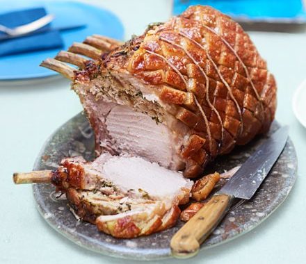 Roast rack of pork with wild garlic stuffing recipe
