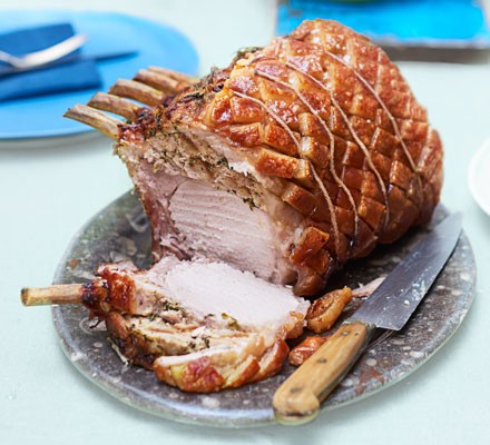 Roast rack of pork with wild garlic stuffing recipe 
