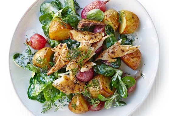 Roast radish, new potato & peppered mackerel salad recipe