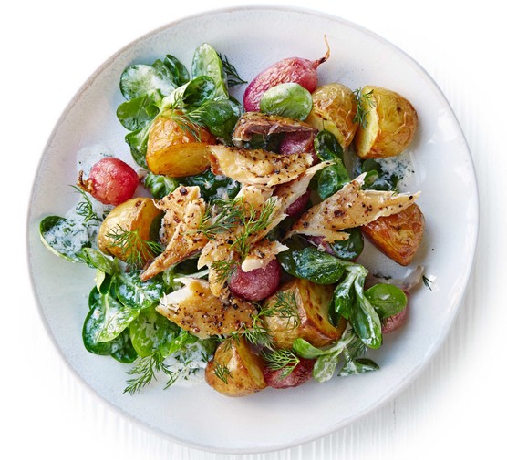 Roast radish, new potato & peppered mackerel salad recipe 
