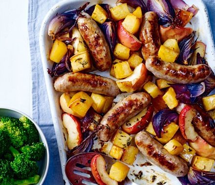 Sausage & maple swede traybake recipe