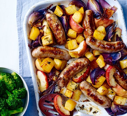Sausage & maple swede traybake recipe 