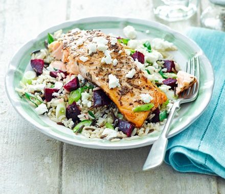 Spiced salmon with beetroot, feta & wild rice recipe