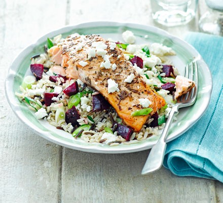 Spiced salmon with beetroot, feta & wild rice recipe 