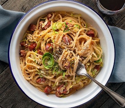 Sprout & chorizo carbonara recipe