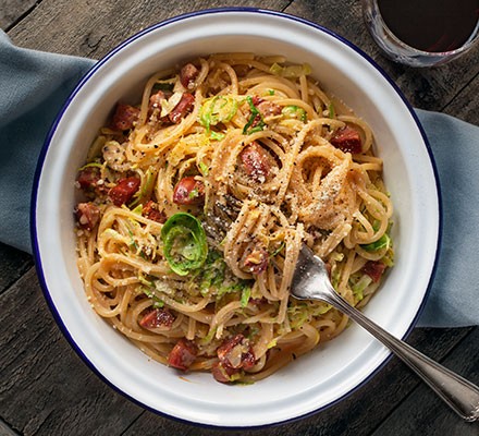 Sprout & chorizo carbonara recipe 