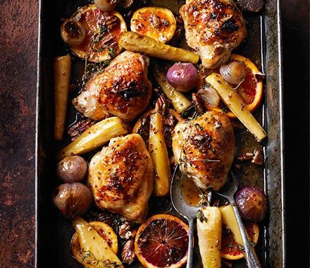 Sticky orange chicken with parsnips, maple & pecans recipe