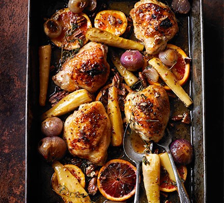 Sticky orange chicken with parsnips, maple & pecans recipe 