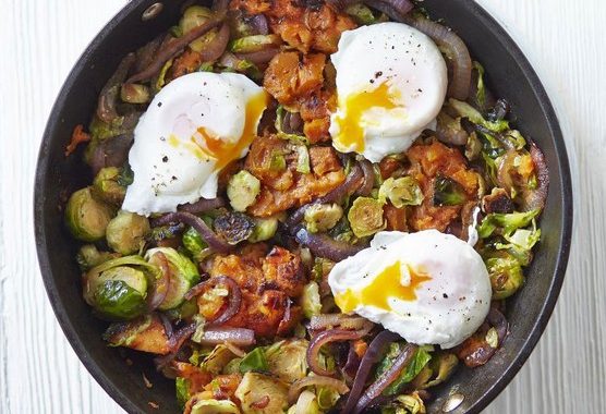 Sweet potato & sprout hash with poached eggs recipe