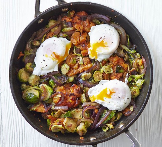 Sweet potato & sprout hash with poached eggs recipe 