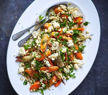 Warm pearl barley & roasted carrot salad with dill vinaigrette recipe