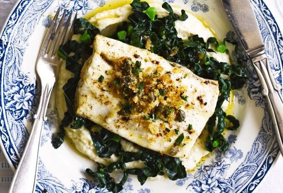 Brown butter-poached halibut with celeriac purée & caper crumbs recipe